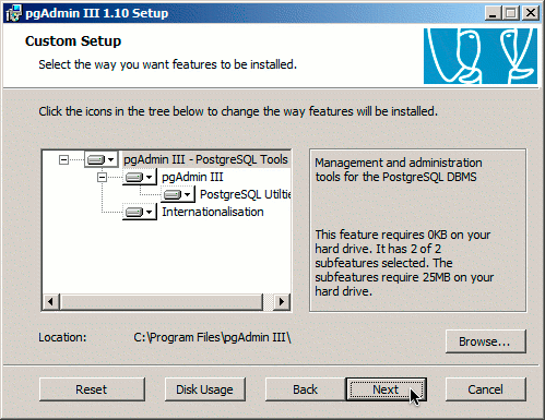 pgAdmin on Windows installer feature selection dialog pgAdmin on Windows installer feature selection dialog