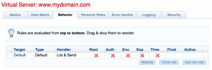 Behavior rules list in Cherokee admin panel on Ubuntu 10.04 LTS